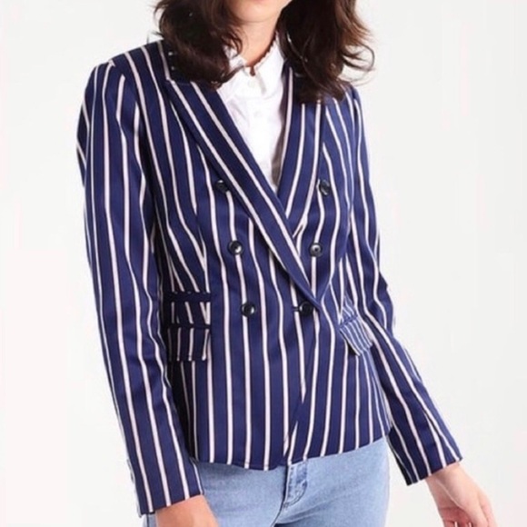 BANANA REPUBLIC Blue and White Stripe Double-Breasted Blazer - Picture 2 of 14